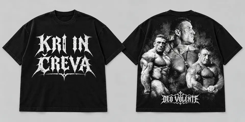 Črna oversized majica. Spredaj napis Kri in čreva, zadaj kolaž treh bodybuilderjev in logo Deovolente.