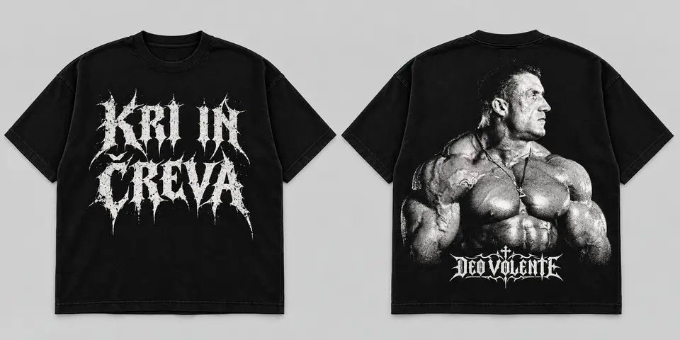 Črna oversized majica. Spredaj napis Kri in čreva, zadaj portret bodybuilderja in logo Deovolente.
