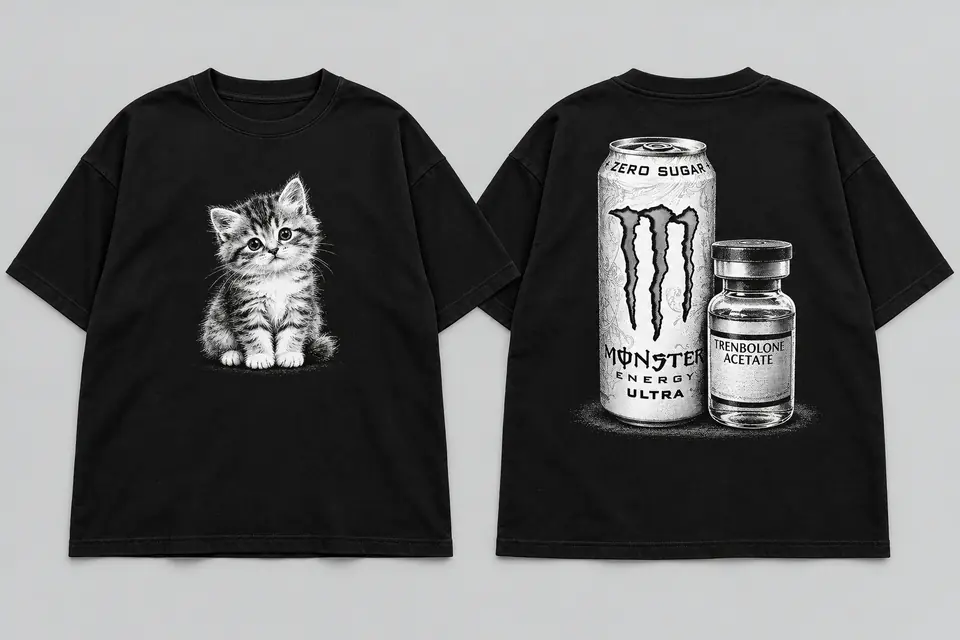 Črna oversized majica. Spredaj muca, zadaj pločevinka energijske pijače in steklenička.
